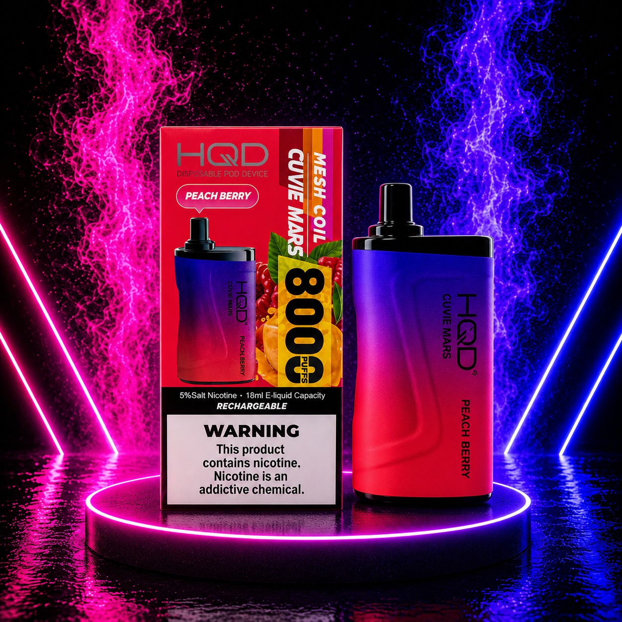HQD Cuvie Mars 8000 Peach Berry disposable vape with rechargeable battery, mesh coil, 8000 puffs, and retail packaging displayed on a neon pink and blue background at Pink Smoke Shop.