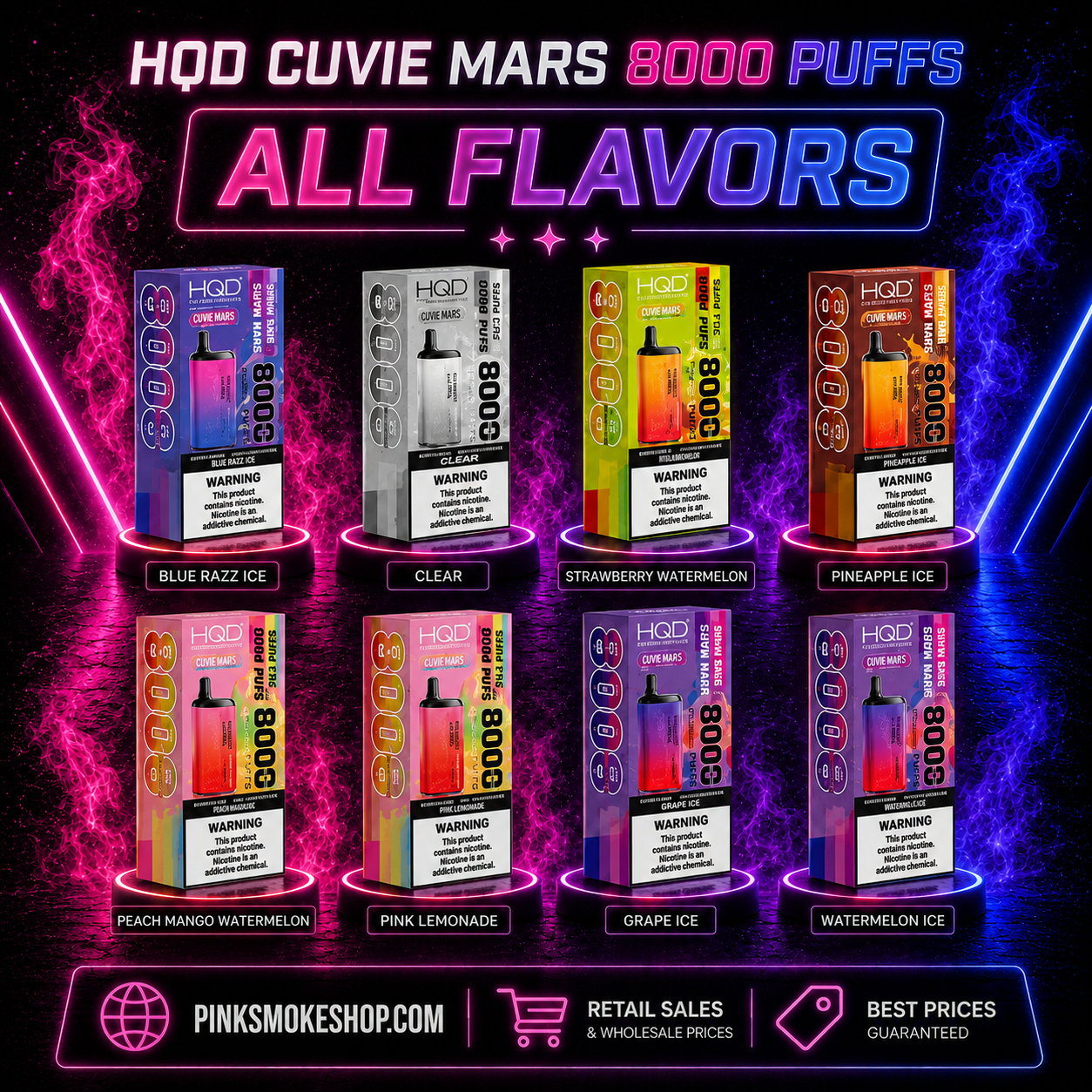 Promotional image of HQD Cuvie Mars vape devices with various flavors available at pink smoke shop U.S