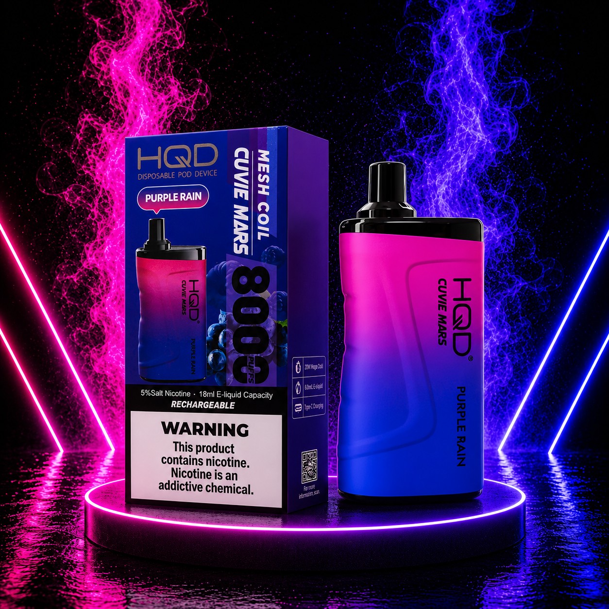 HQD Cuvie Mars 8000 Purple Rain disposable vape with rechargeable battery, mesh coil, 8000 puffs, and retail packaging displayed on a neon pink and blue background at Pink Smoke Shop.