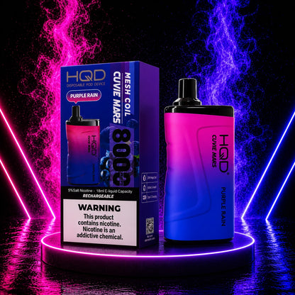 HQD Cuvie Mars 8000 Purple Rain disposable vape with rechargeable battery, mesh coil, 8000 puffs, and retail packaging displayed on a neon pink and blue background at Pink Smoke Shop.