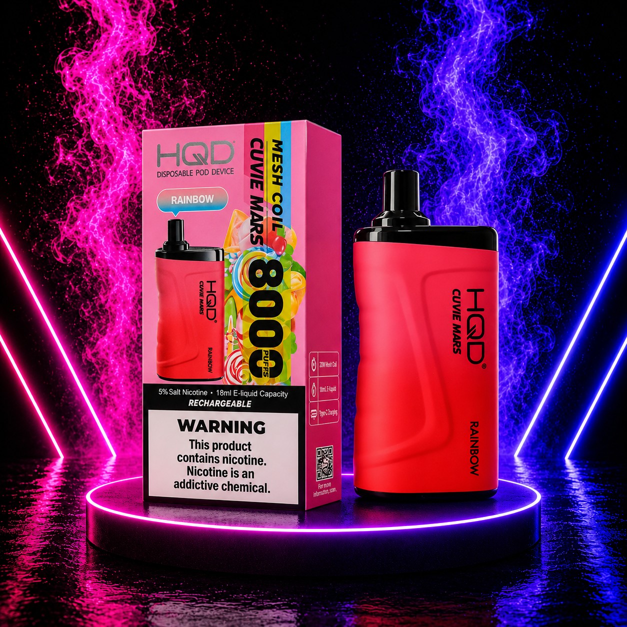 HQD Cuvie Mars 8000 Rainbow disposable vape with rechargeable battery, mesh coil, 8000 puffs, and retail packaging displayed on a neon pink and blue background at Pink Smoke Shop.