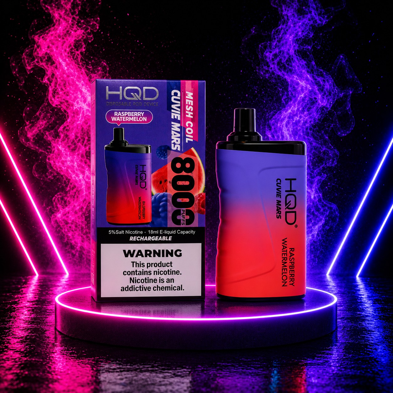 HQD Cuvie Mars 8000 Raspberry Watermelon disposable vape with rechargeable battery, mesh coil, 8000 puffs, and retail packaging displayed on a neon pink and blue background at Pink Smoke Shop.