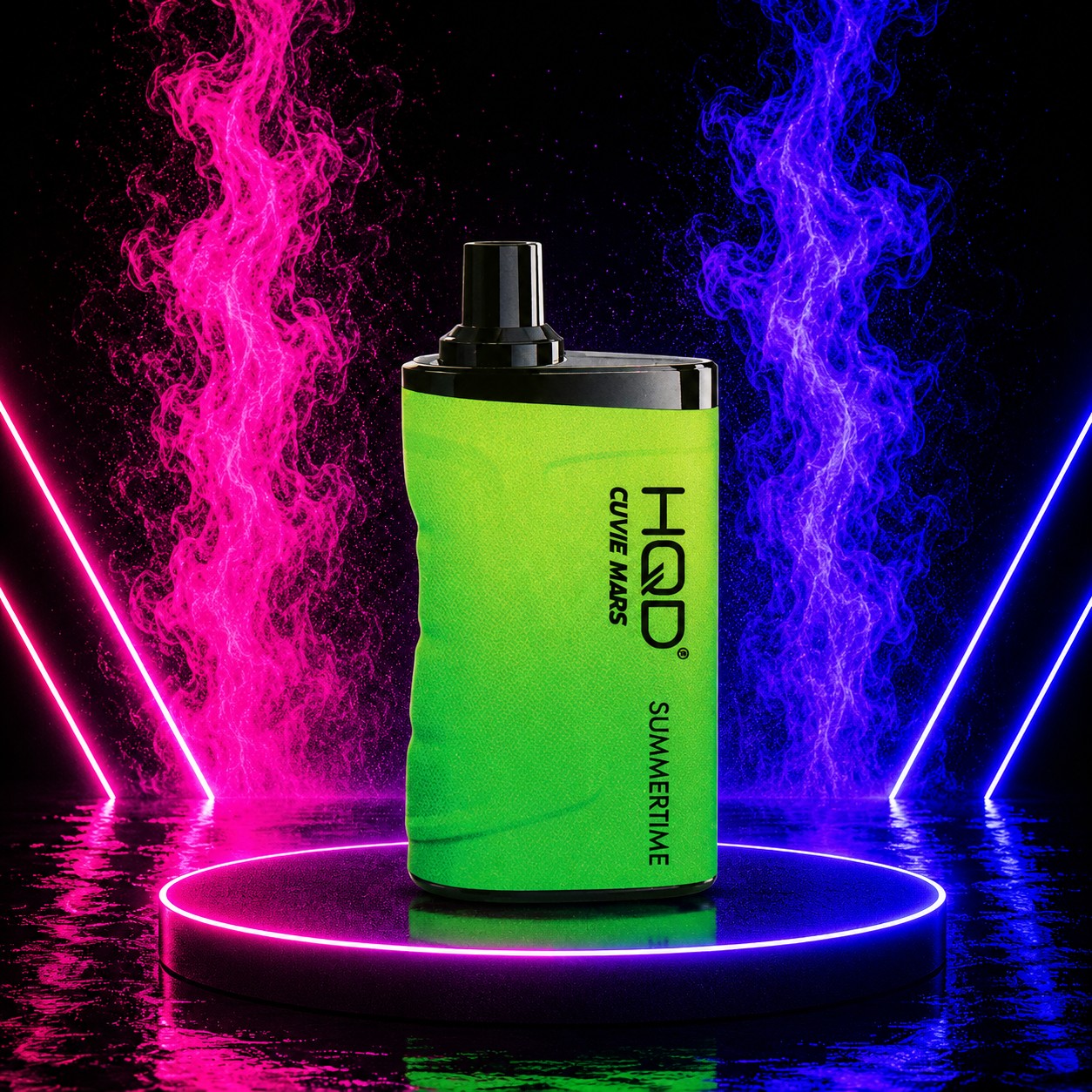 HQD Cuvie Mars 8000 Summertime disposable vape with rechargeable battery, mesh coil, 8000 puffs, displayed on a neon pink and blue background at Pink Smoke Shop.