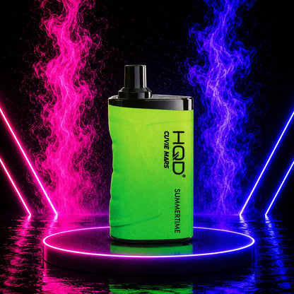 HQD Cuvie Mars 8000 Summertime disposable vape with rechargeable battery, mesh coil, 8000 puffs, displayed on a neon pink and blue background at Pink Smoke Shop.