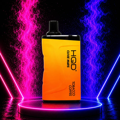 HQD Cuvie Mars 8000 Tobacco Coffee disposable vape with rechargeable battery, mesh coil, 8000 puffs, displayed on a neon pink and blue background at Pink Smoke Shop.