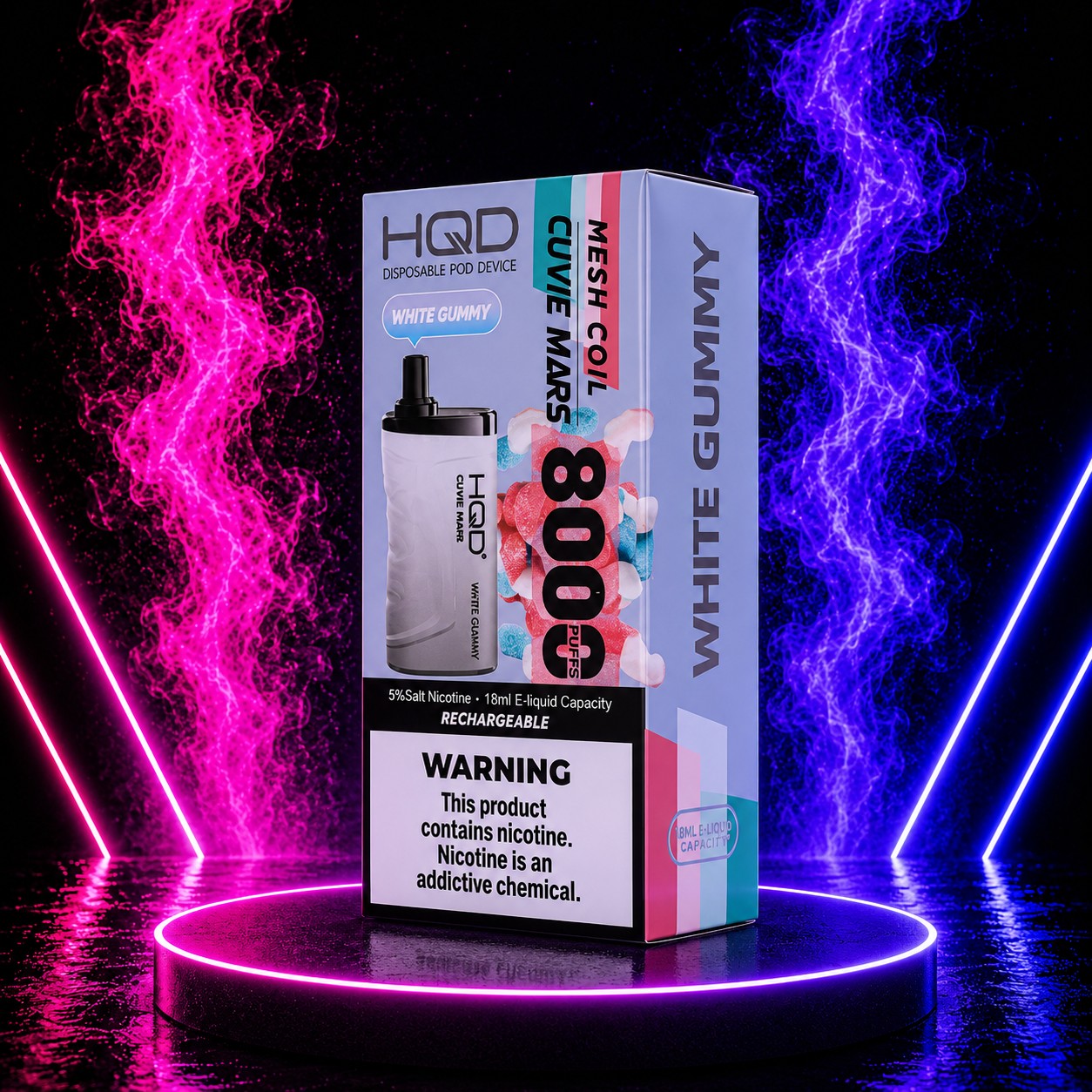 HQD Cuvie Mars 8000 White Gummy disposable vape retail packaging with rechargeable battery, mesh coil, and 8000 puffs displayed on a neon pink and blue background at Pink Smoke Shop.