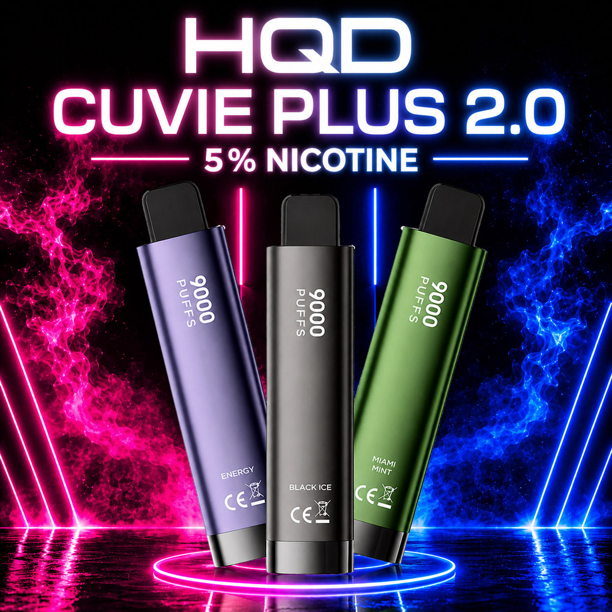 HQD Cuvie Plus 2.0 9000 Puffs 5% Nicotine disposable vape featuring multiple flavors with a premium neon background, available at Pink Smoke Shop.