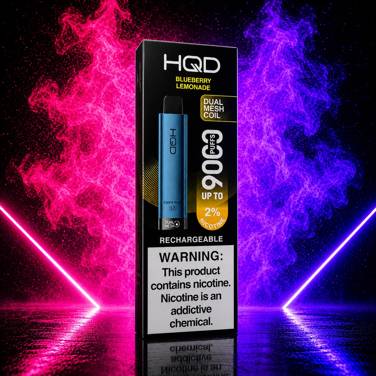 HQD Cuvie Plus 2.0 Blueberry Lemonade 9000 Puffs rechargeable disposable vape with 2% nicotine on a neon pink and purple smoke background.