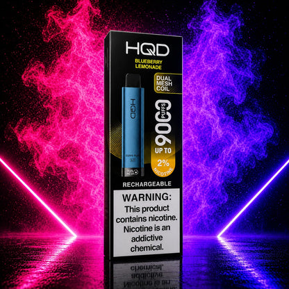 HQD Cuvie Plus 2.0 Blueberry Lemonade 9000 Puffs rechargeable disposable vape with 2% nicotine on a neon pink and purple smoke background.