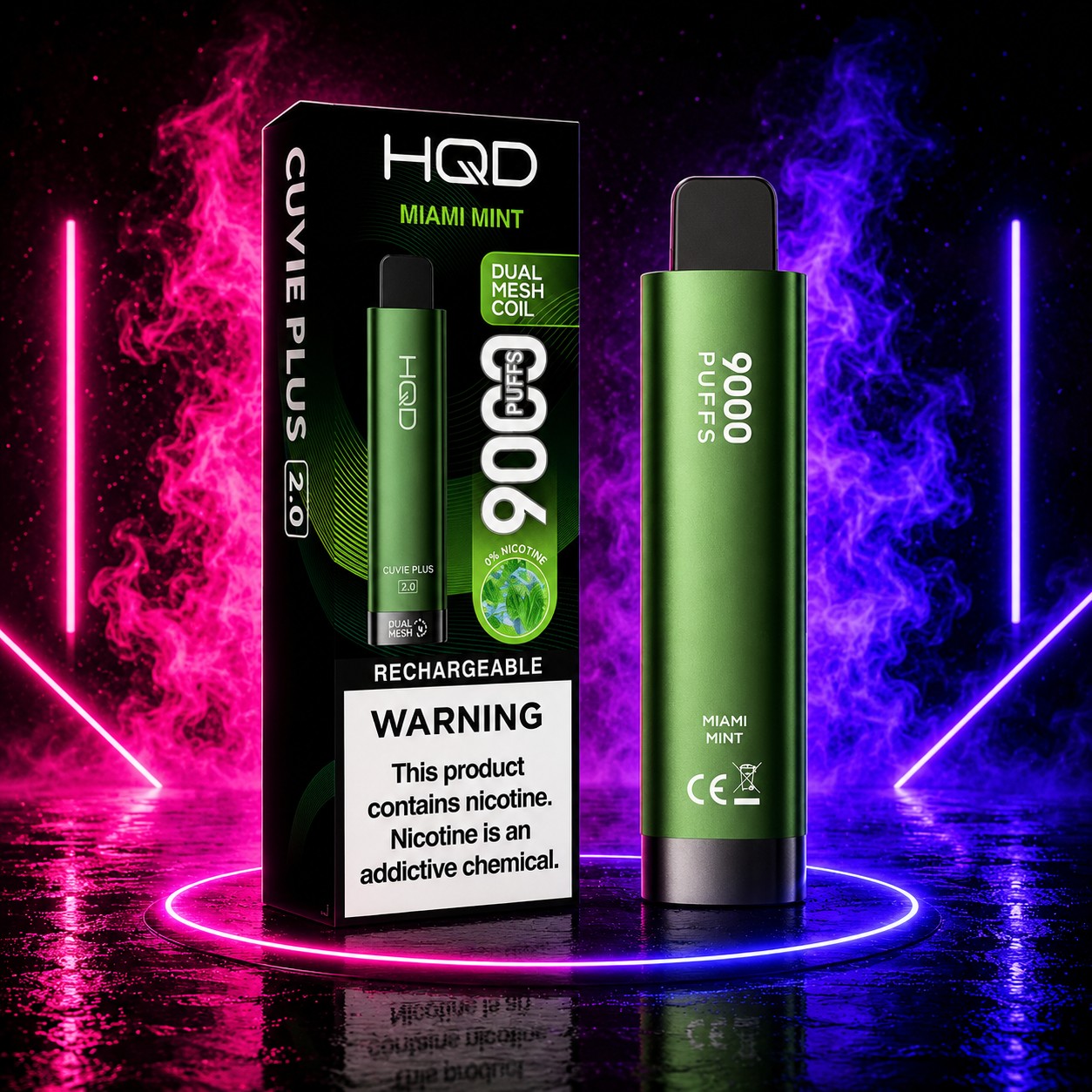 HQD Cuvie Plus 2.0 Miami Mint 9000 Puffs rechargeable disposable vape with retail box on a neon pink and blue smoke background.
