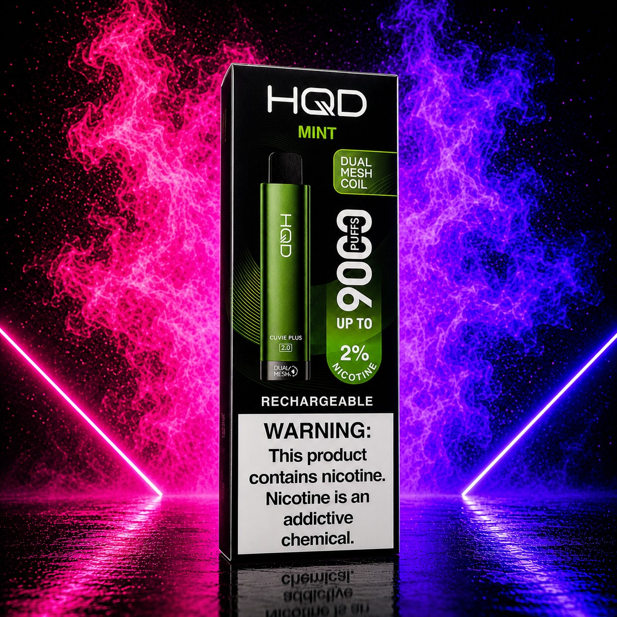 HQD Cuvie Plus 2.0 Mint 9000 Puffs rechargeable disposable vape with 2% nicotine, retail box, and neon pink and blue smoke background.