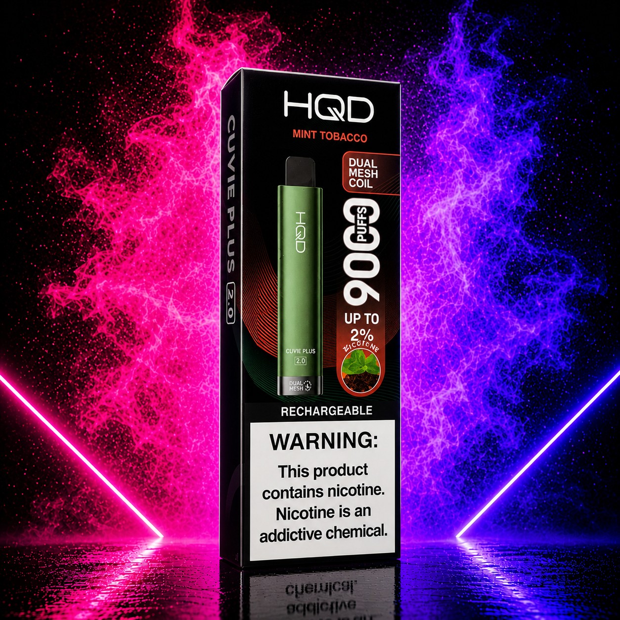 HQD Cuvie Plus 2.0 Mint Tobacco 9000 Puffs rechargeable disposable vape with 2% nicotine on a neon pink and purple smoke background.