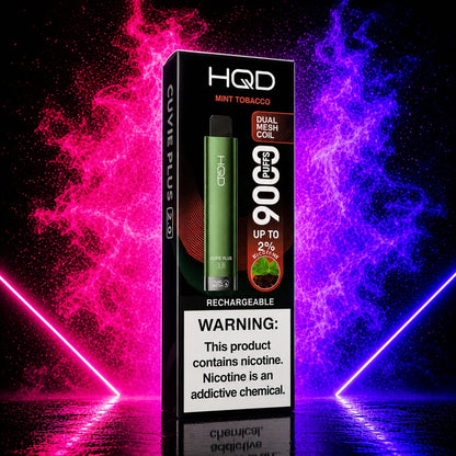 HQD Cuvie Plus 2.0 Mint Tobacco 9000 Puffs rechargeable disposable vape with 2% nicotine on a neon pink and purple smoke background.