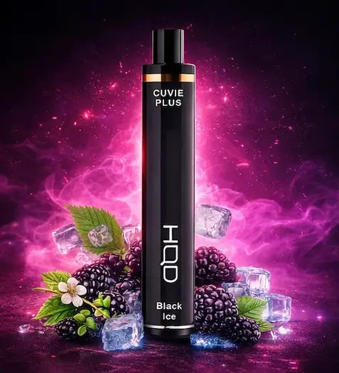 HQD Cuvie Plus Black Ice Disposable Vape Device with Black Ice flavor on a neon pink background