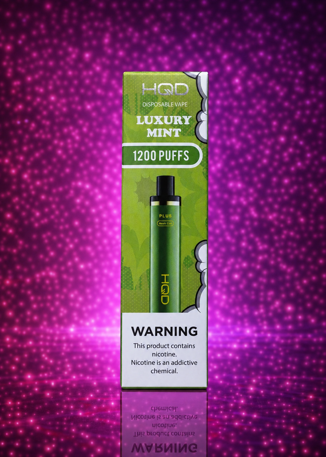 HQD Luxury Mint 1200 Puffs Disposable Vape with vibrant pink background, refreshing mint flavor, compact disposable vape device available at Pink Smoke Shop Miami.