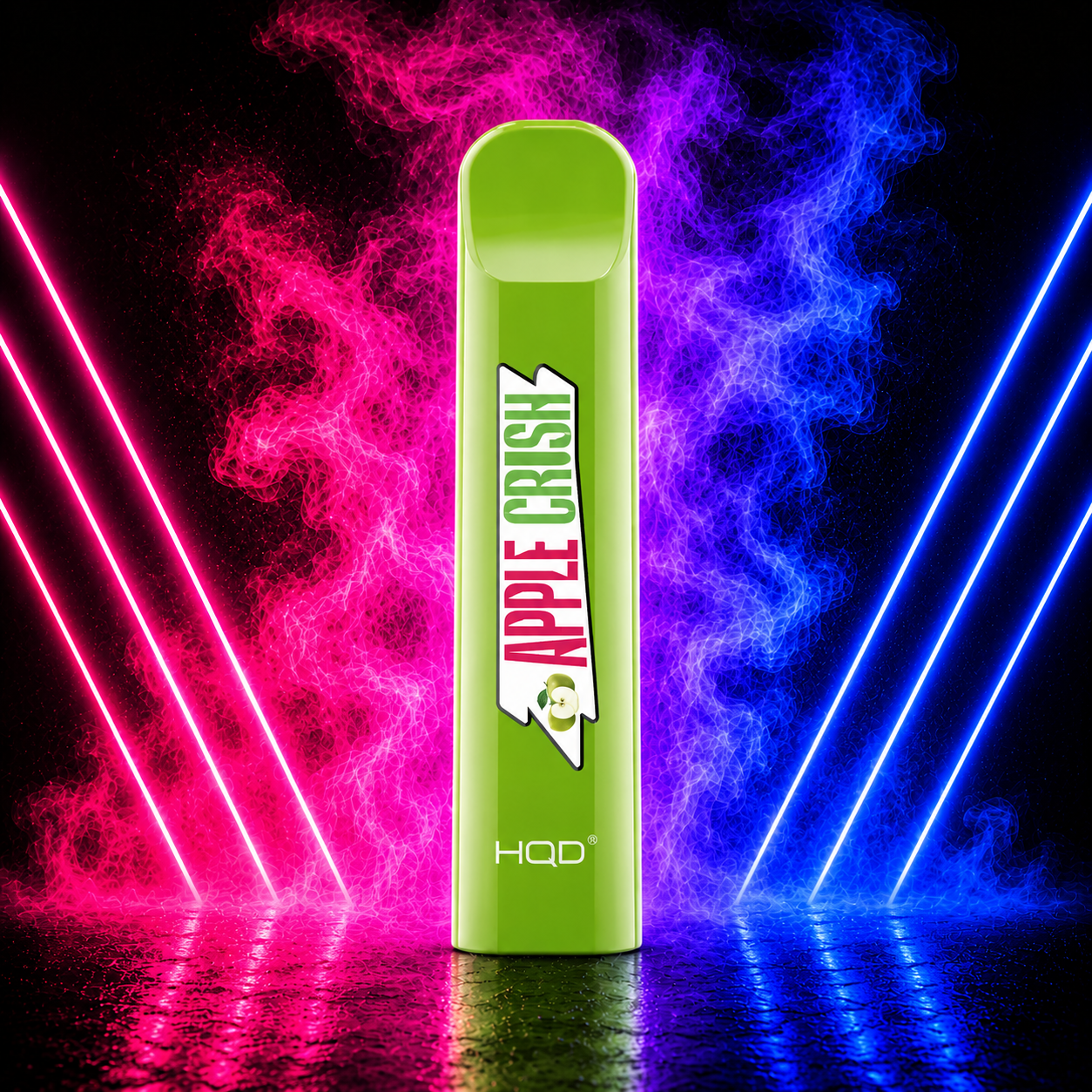 HQD Cuvie V1 300 Puffs Apple Crush Disposable Vape with Neon Pink and Blue Smoke Background