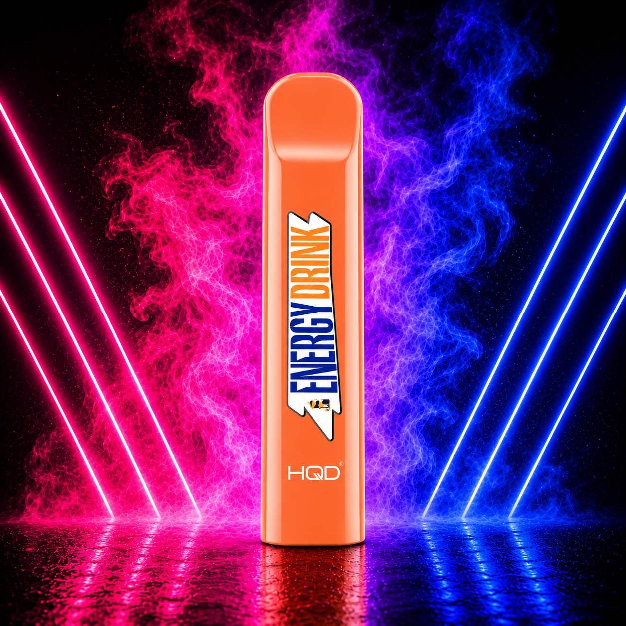 HQD Cuvie V1 300 Puffs Energy Drink Disposable Vape with Neon Pink and Blue Smoke Background