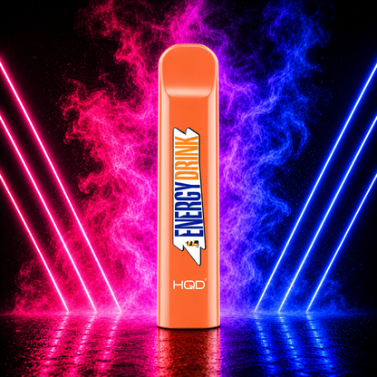 HQD Cuvie V1 300 Puffs Energy Drink Disposable Vape with Neon Pink and Blue Smoke Background