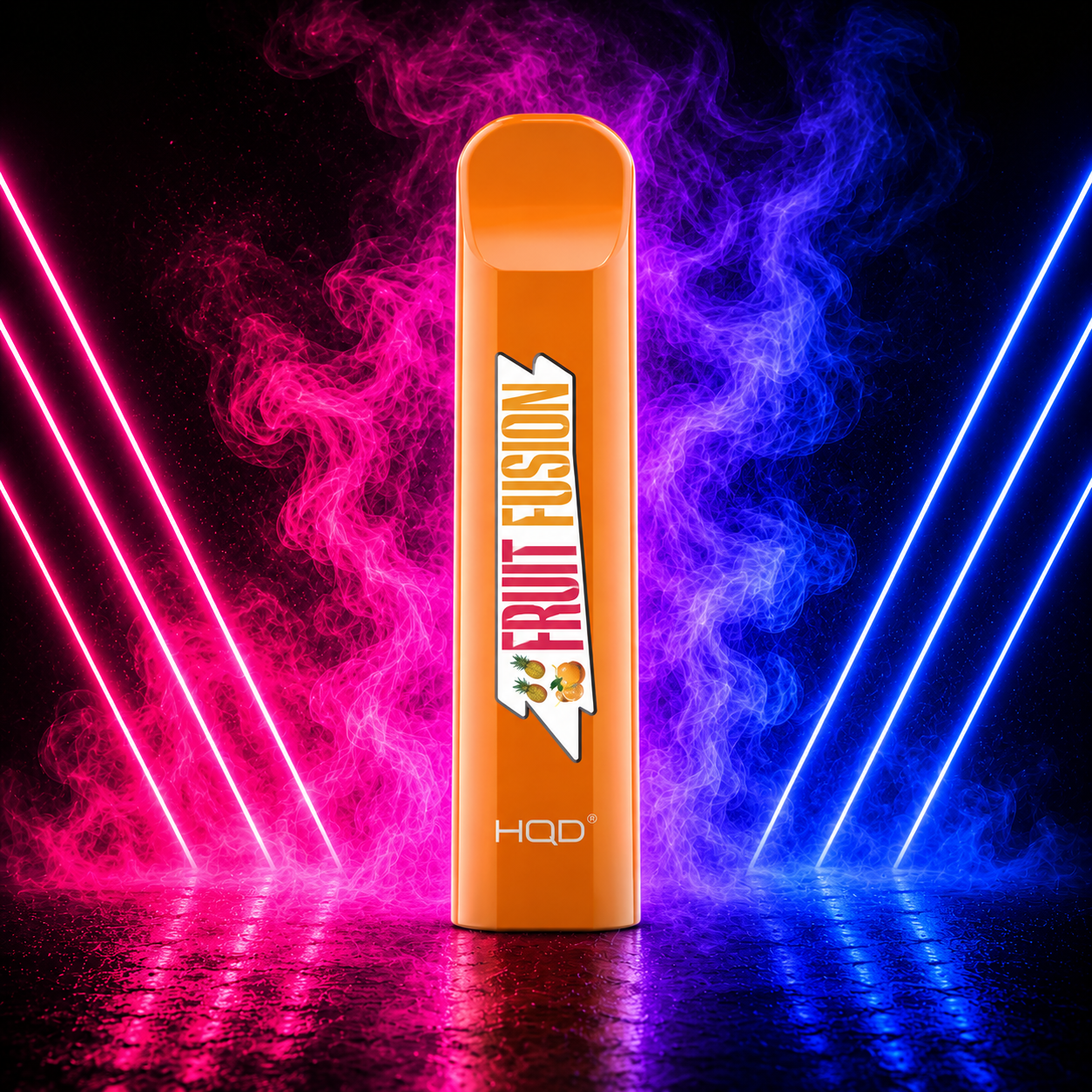 HQD Cuvie V1 300 Puffs Fruit Fusion Disposable Vape with Neon Pink and Blue Smoke Background