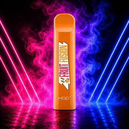 HQD Cuvie V1 300 Puffs Fruit Fusion Disposable Vape with Neon Pink and Blue Smoke Background