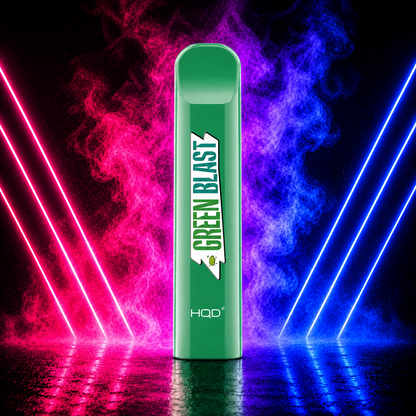 HQD Cuvie V1 300 Puffs Green Blast Disposable Vape with Neon Pink and Blue Smoke Background