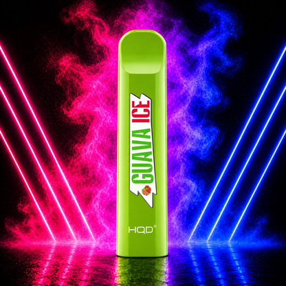 HQD Cuvie V1 300 Puffs Guava Ice Disposable Vape with Neon Pink and Blue Smoke Background