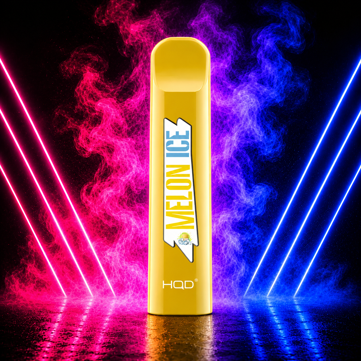 HQD Cuvie V1 300 Puffs Melon Ice Disposable Vape with Neon Pink and Blue Smoke Background