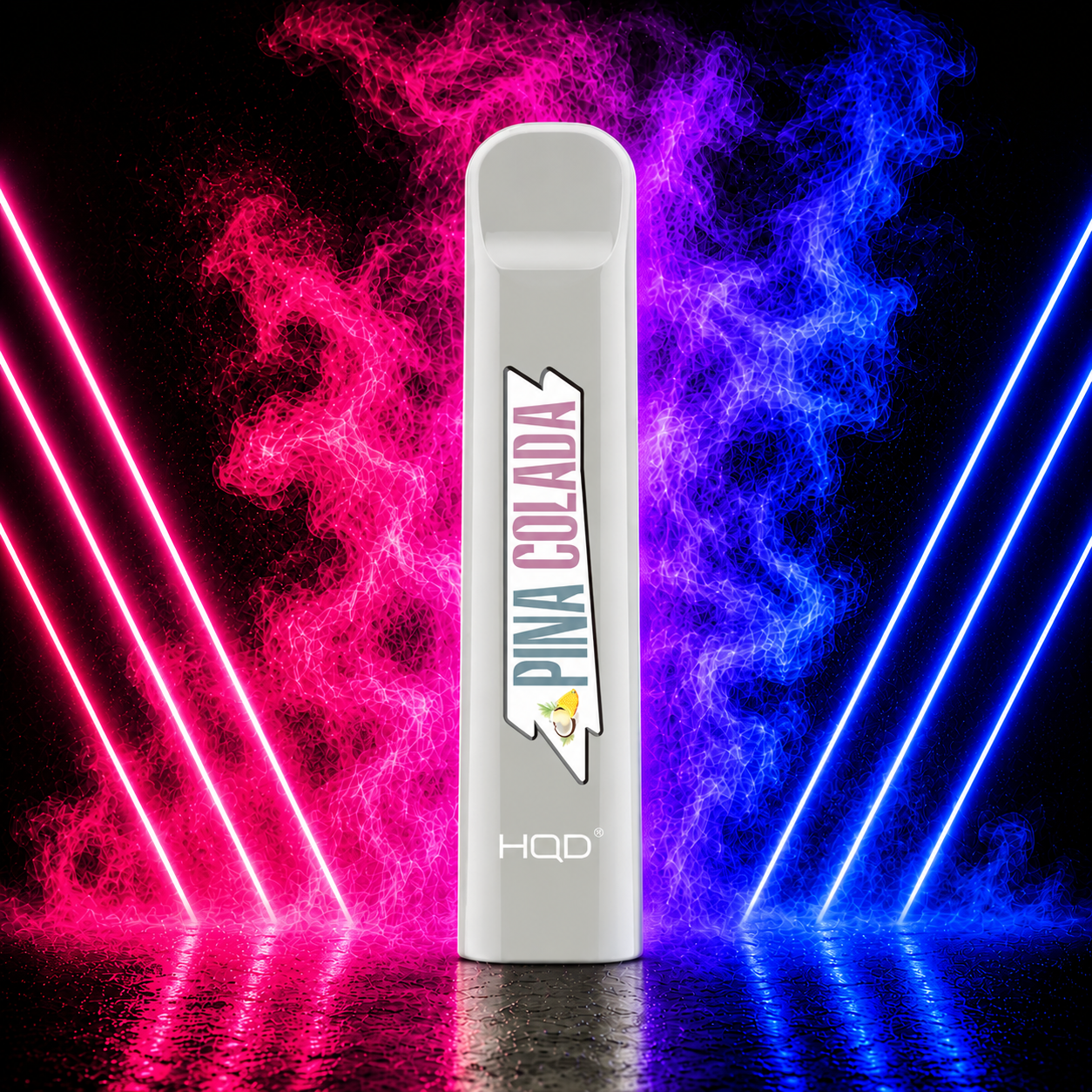 HQD Cuvie V1 Pina Colada 300 Puffs Disposable Vape with Neon Smoke Background