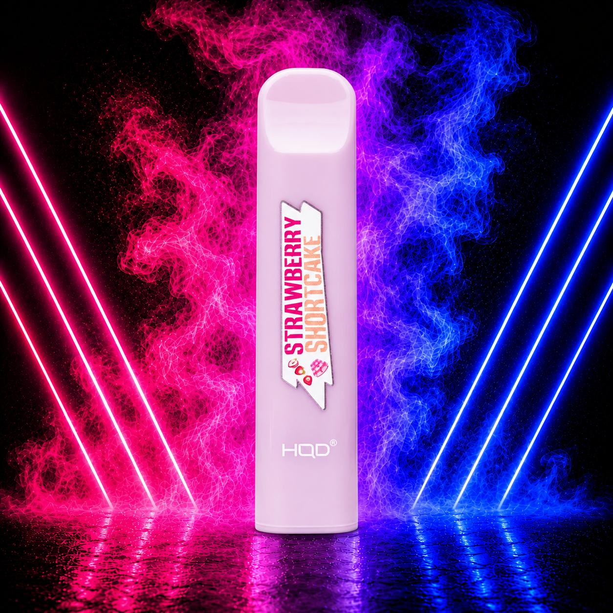 HQD Cuvie V1 Strawberry Shortcake 300 Puffs Disposable Vape with Neon Smoke Background