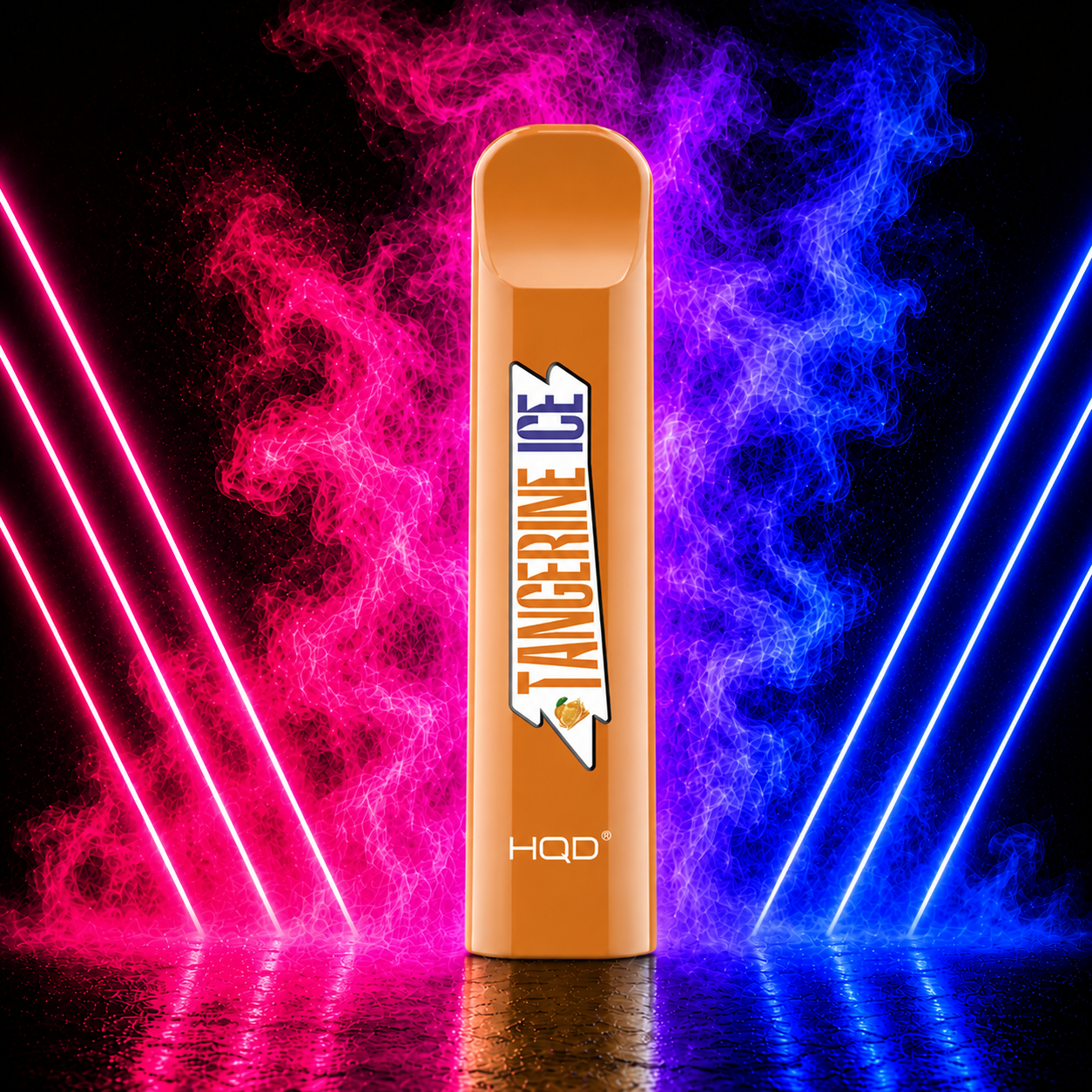 HQD Cuvie V1 Tangerine Ice 300 Puffs Disposable Vape with Neon Smoke Background