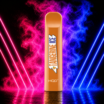 HQD Cuvie V1 Tangerine Ice 300 Puffs Disposable Vape with Neon Smoke Background
