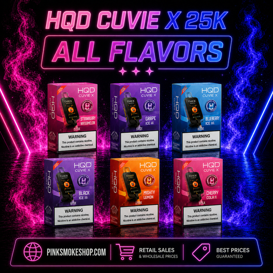 Display of HQD CUVIE X 25K vape device packaging with colorful neon lights and promotional text.