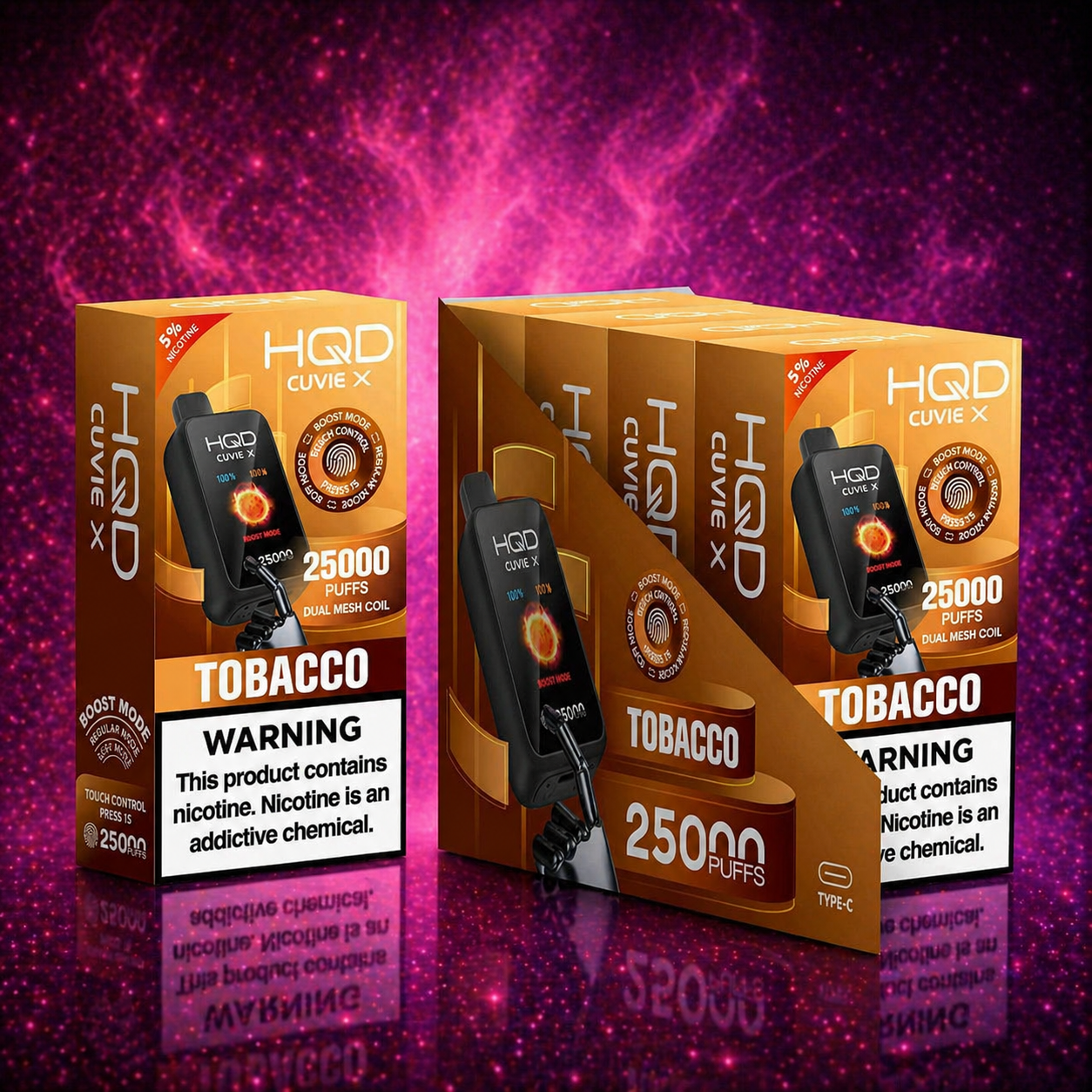 HQD Cuvie X Tobacco disposable vape 25000 puffs multiple boxes packaging dual mesh coil type c charging