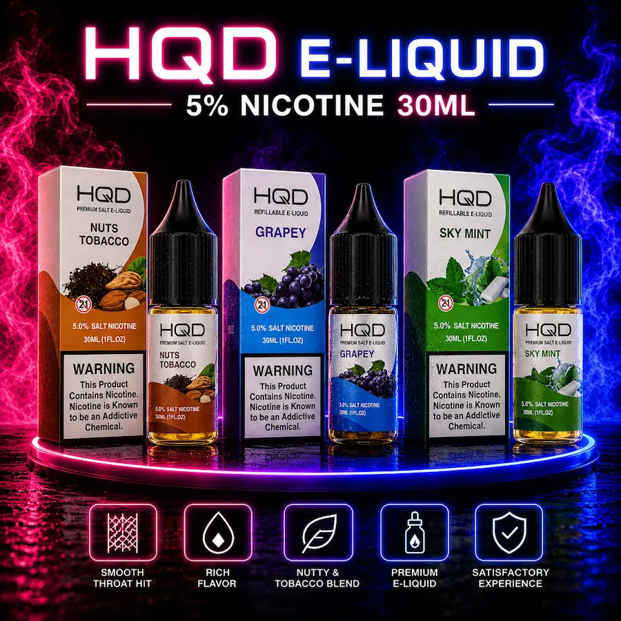 HQD E-Liquid 5% Nicotine 30ML featuring Nuts Tobacco, Grapey and Sky Mint flavors