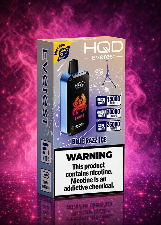 HQD Everest Blue Razz Ice disposable vape 25000 puffs with pink neon smoke background premium device Miami