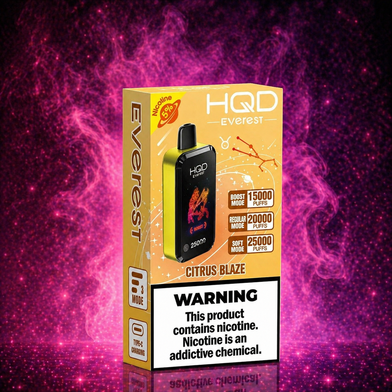 HQD Everest Citrus Blaze disposable vape 25000 puffs with multiple modes boost regular soft type c rechargeable