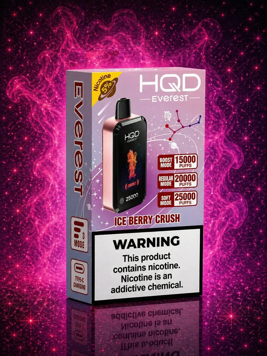 HQD Everest Ice Berry Crush disposable vape 25000 puffs rechargeable vape with boost regular and soft modes