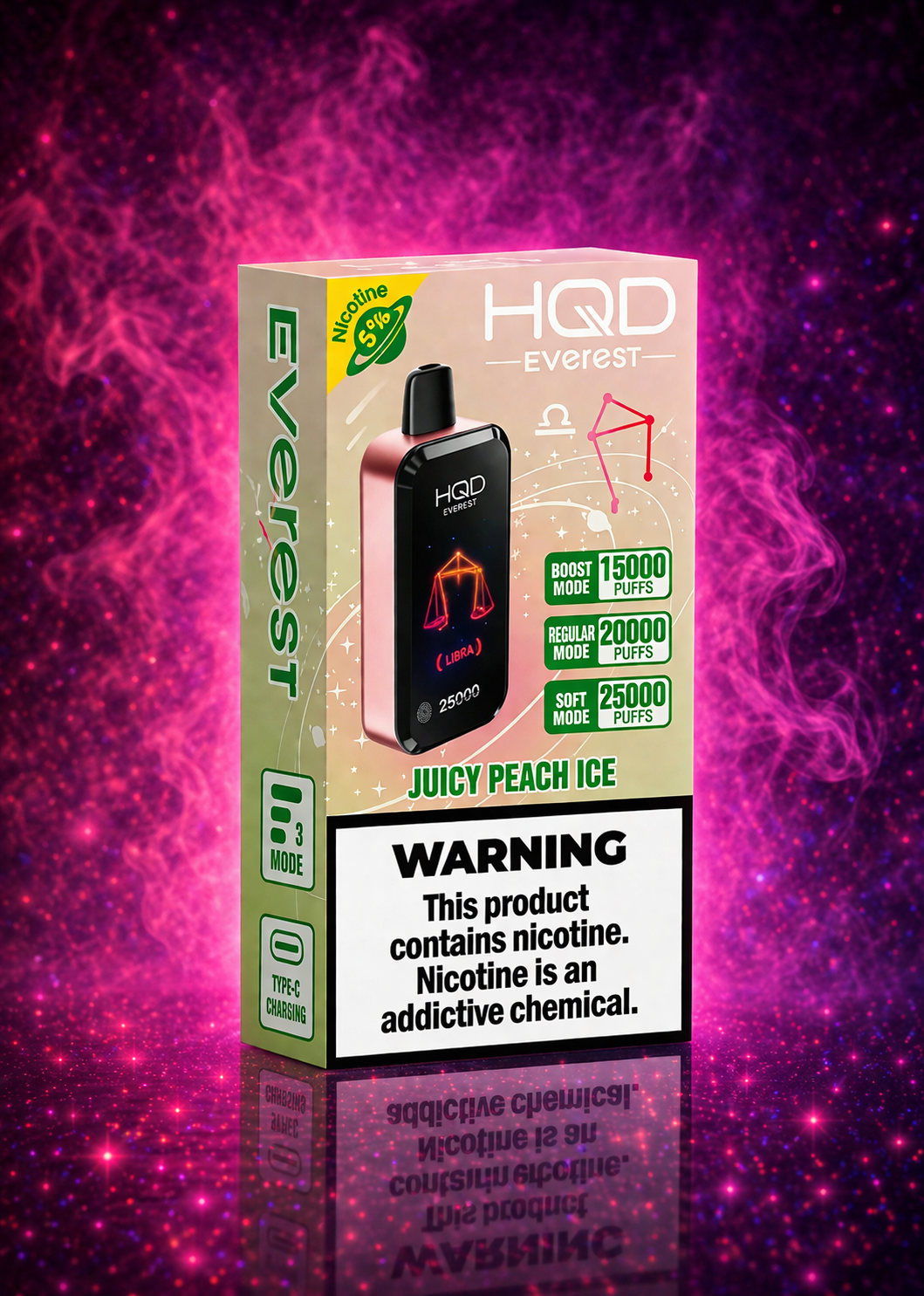 HQD Everest Juicy Peach Ice disposable vape 25000 puffs rechargeable vape device with boost and regular modes