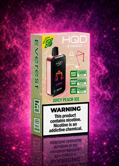 HQD Everest Juicy Peach Ice disposable vape 25000 puffs rechargeable vape device with boost and regular modes