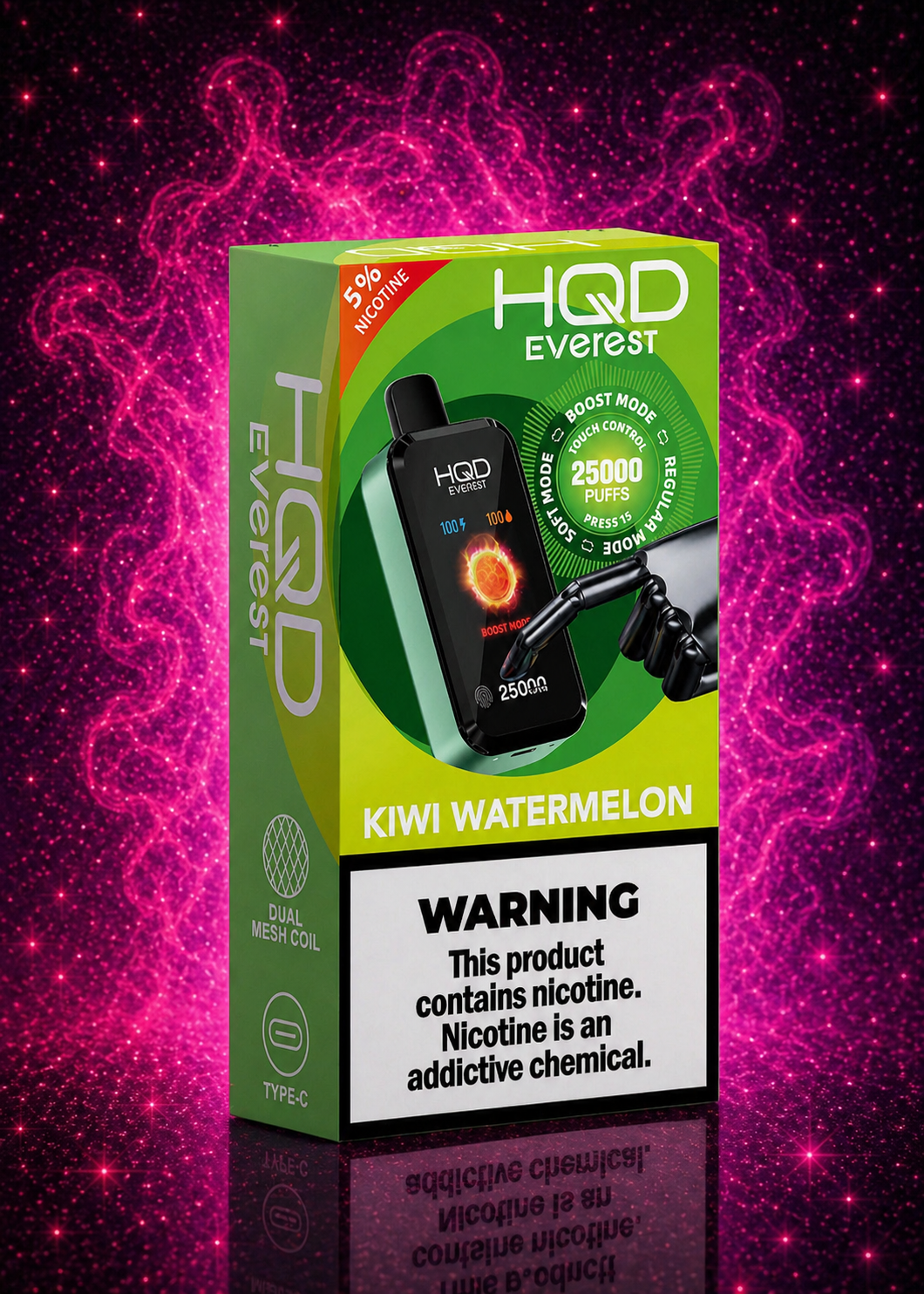 HQD Everest Kiwi Watermelon disposable vape 25000 puffs rechargeable vape device with boost and regular modes