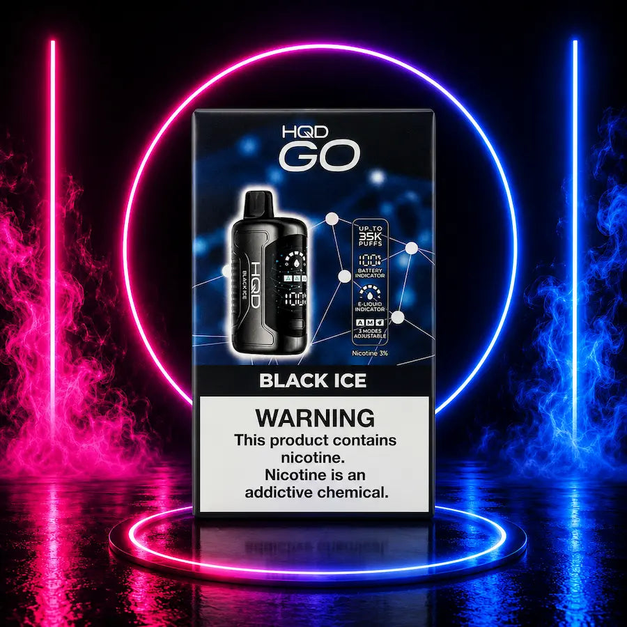 HQD GO 35K 3% Nicotine Disposable Vape Black Ice flavor with up to 35,000 puffs, smart display, rechargeable USB-C battery, advanced mesh coil technology, adjustable airflow, and adjustable power modes available at Pink Smoke Shop.