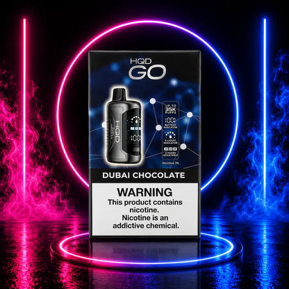 HQD GO 35K 3% Nicotine Disposable Vape Dubai Chocolate flavor with up to 35,000 puffs, smart display, rechargeable USB-C battery, advanced mesh coil technology, and adjustable power modes available at Pink Smoke Shop.