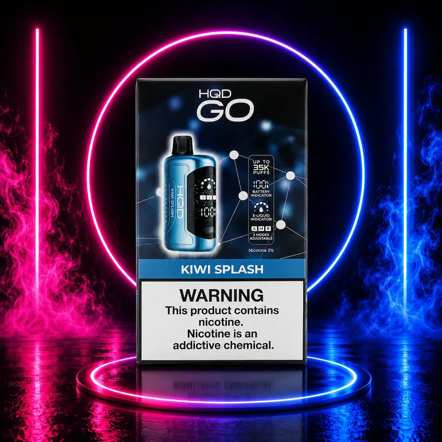 HQD GO 35K 3% Nicotine Disposable Vape Kiwi Splash with up to 35,000 puffs, smart display, rechargeable USB-C battery, mesh coil technology, and adjustable power modes available at Pink Smoke Shop.