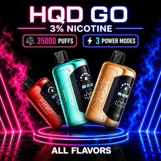 HQD GO 35K 3% Nicotine Disposable Vape All Flavors featuring up to 35,000 puffs, smart display, rechargeable USB-C battery, advanced mesh coil technology, 3 power modes, and premium flavor selection available at Pink Smoke Shop.