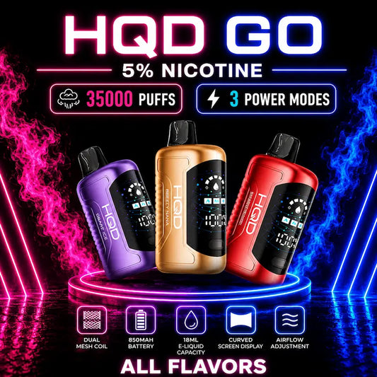 HQD GO 35K 5% Nicotine Disposable Vape All Flavors featuring up to 35,000 puffs, advanced mesh coil technology, HD smart display, rechargeable USB-C battery, 3 adjustable power modes, and authentic HQD quality available at Pink Smoke Shop.