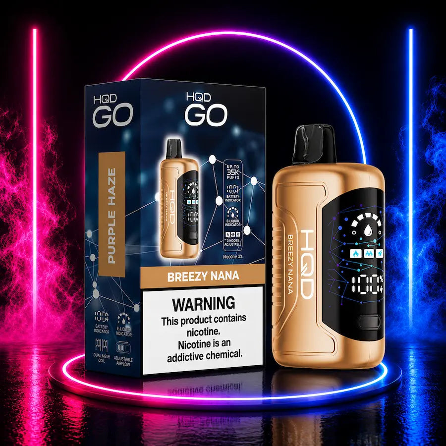 HQD GO 35K 5% Nicotine Disposable Vape Breezy Nana flavor featuring up to 35,000 puffs, advanced mesh coil technology, HD smart display, rechargeable USB-C battery, 3 adjustable power modes, and authentic HQD quality available at Pink Smoke Shop.