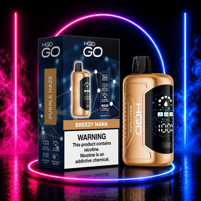 HQD GO 35K 5% Nicotine Disposable Vape Breezy Nana flavor featuring up to 35,000 puffs, advanced mesh coil technology, HD smart display, rechargeable USB-C battery, 3 adjustable power modes, and authentic HQD quality available at Pink Smoke Shop.