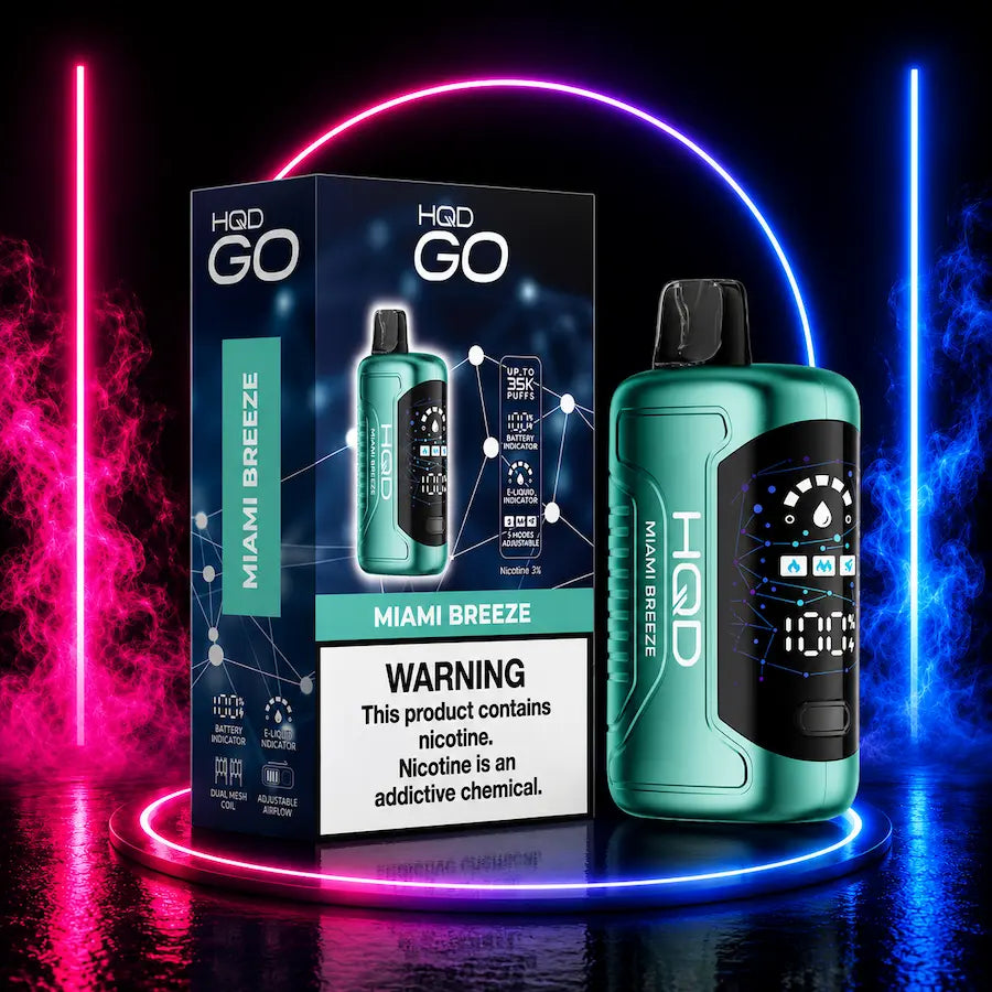 HQD GO 35K 5% Nicotine Disposable Vape Miami Breeze flavor featuring up to 35,000 puffs, advanced mesh coil technology, HD smart display, rechargeable USB-C battery, 3 adjustable power modes, and authentic HQD quality available at Pink Smoke Shop.