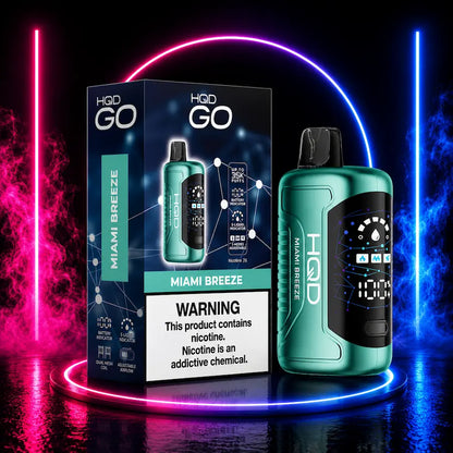 HQD GO 35K 5% Nicotine Disposable Vape Miami Breeze flavor featuring up to 35,000 puffs, advanced mesh coil technology, HD smart display, rechargeable USB-C battery, 3 adjustable power modes, and authentic HQD quality available at Pink Smoke Shop.