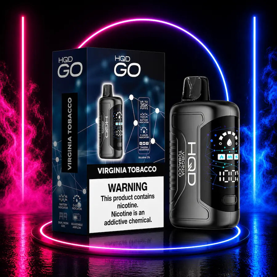 HQD GO 35K 5% Nicotine Disposable Vape Virginia Tobacco flavor featuring up to 35,000 puffs, advanced mesh coil technology, HD smart display, rechargeable USB-C battery, 3 adjustable power modes, and authentic HQD quality available at Pink Smoke Shop.